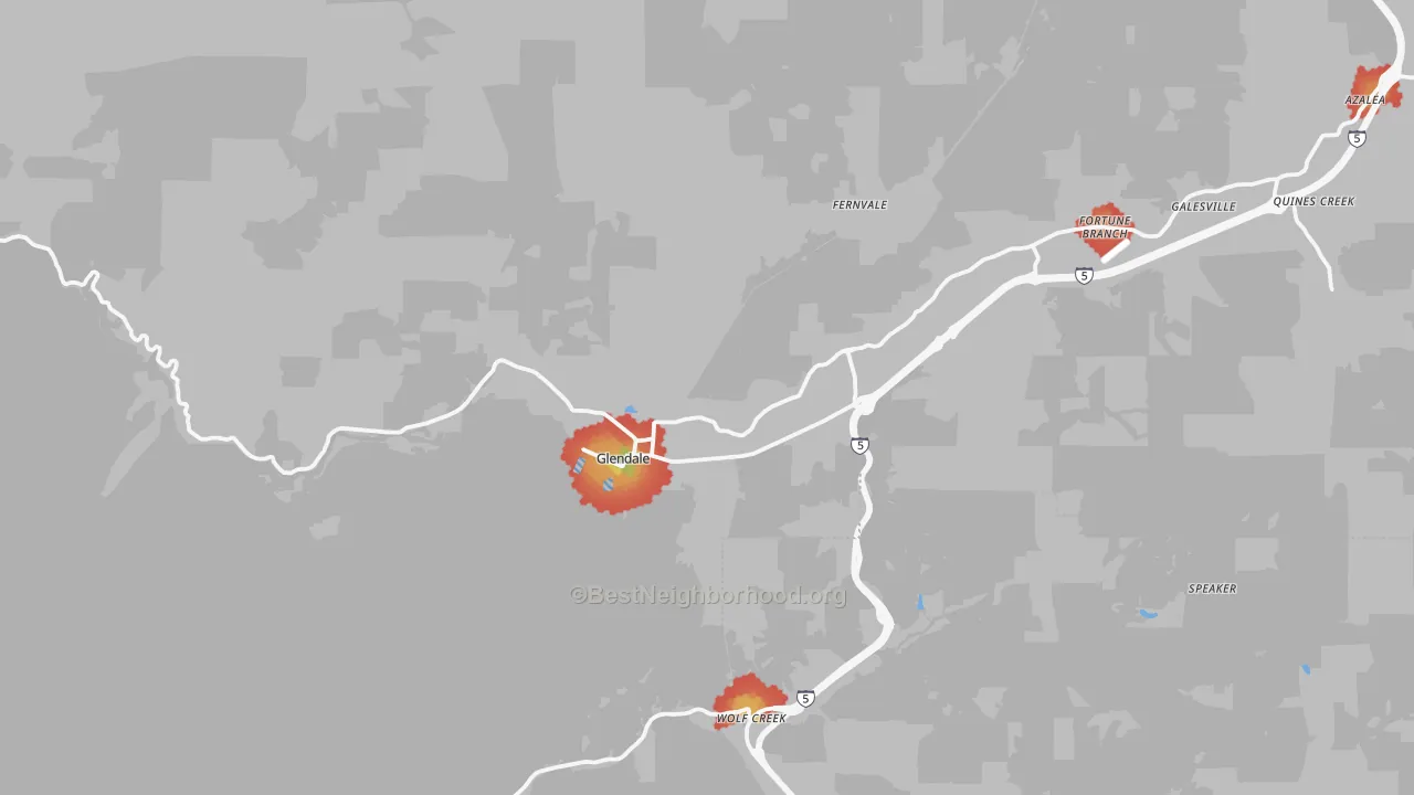 Walk Grade map of Glendale, OR, walkable areas in green and car-dependent areas in red