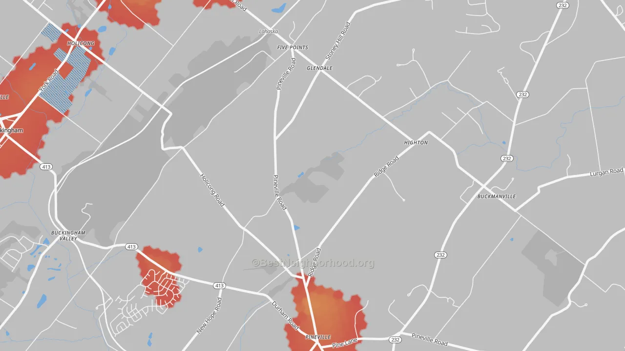 Walk Grade map of Glendale, PA, walkable areas in green and car-dependent areas in red