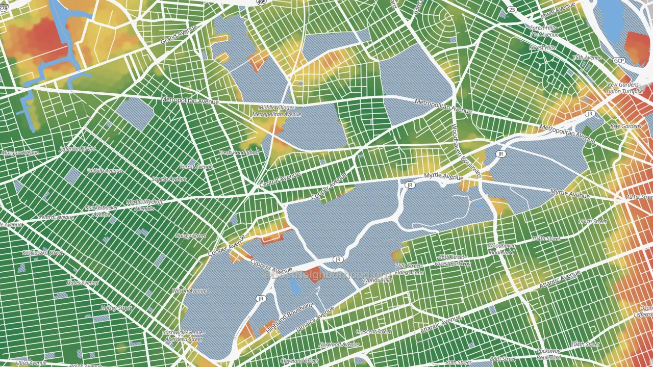 Walk Grade map of Glendale, Queens, NY, walkable areas in green and car-dependent areas in red