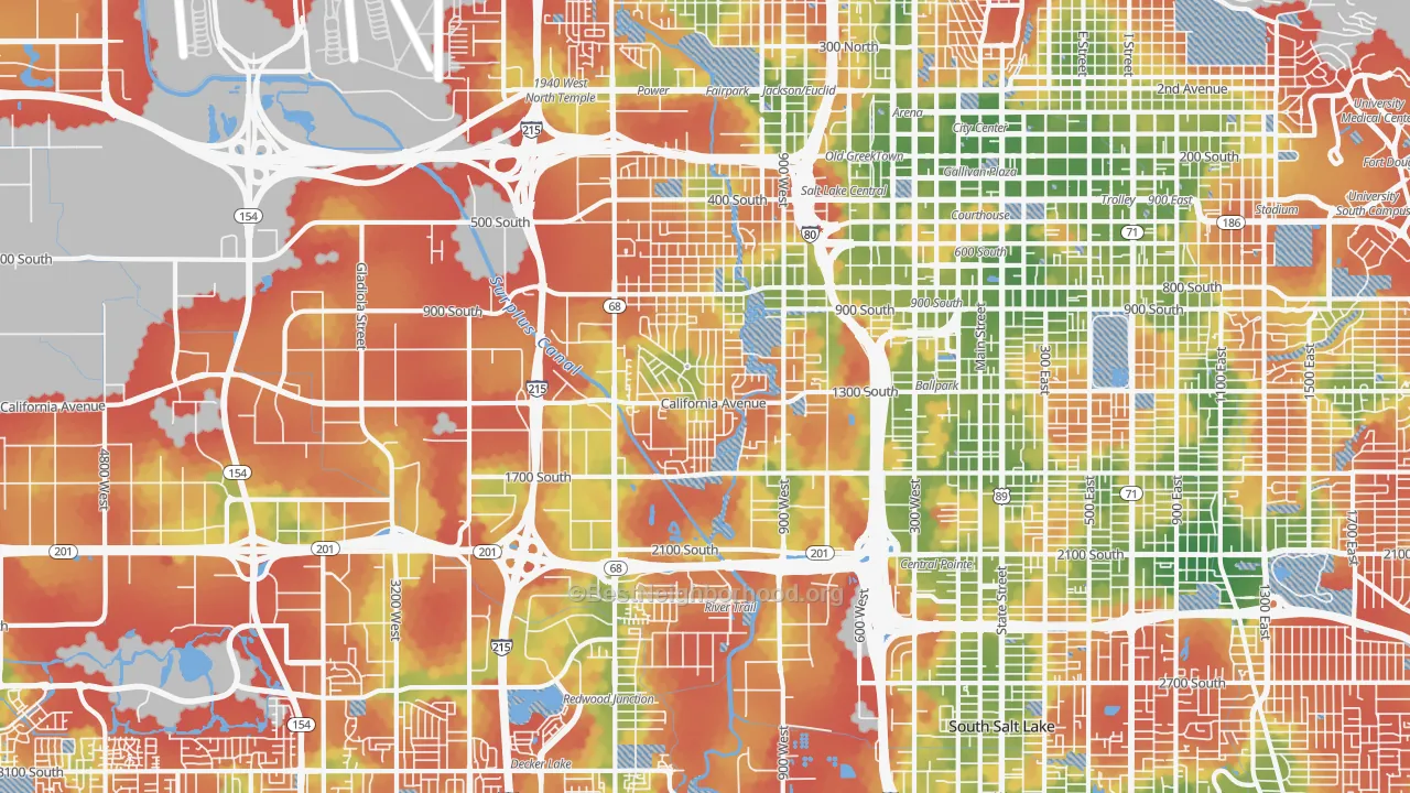 Walk Grade map of Glendale, Salt Lake City, UT, walkable areas in green and car-dependent areas in red