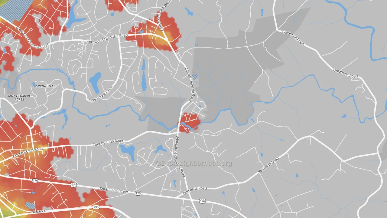 Walk Grade map of Glendale, SC, walkable areas in green and car-dependent areas in red