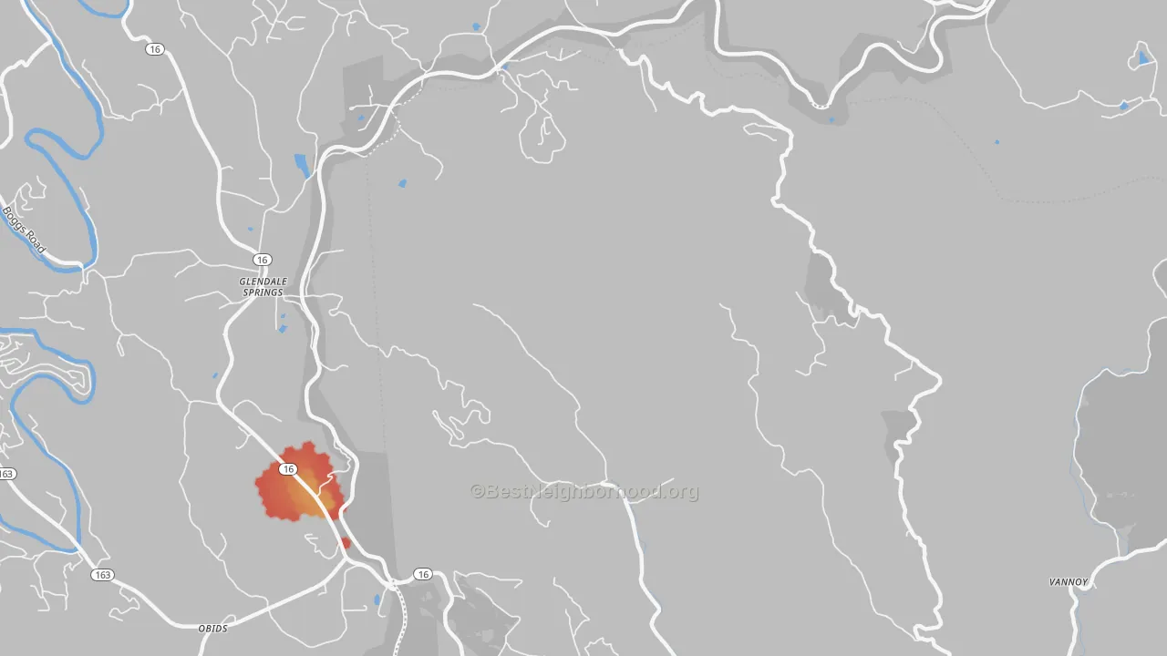 Walk Grade map of Glendale Springs, NC, walkable areas in green and car-dependent areas in red