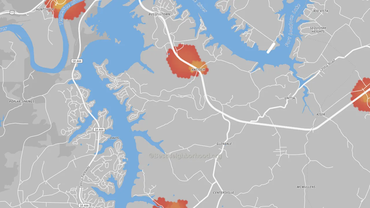 Walk Grade map of Glendale, TN, walkable areas in green and car-dependent areas in red