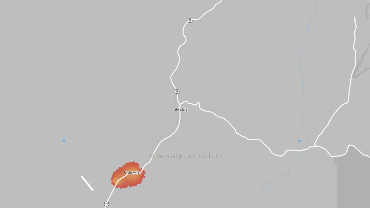 Walk Grade map of Glendale, UT, walkable areas in green and car-dependent areas in red