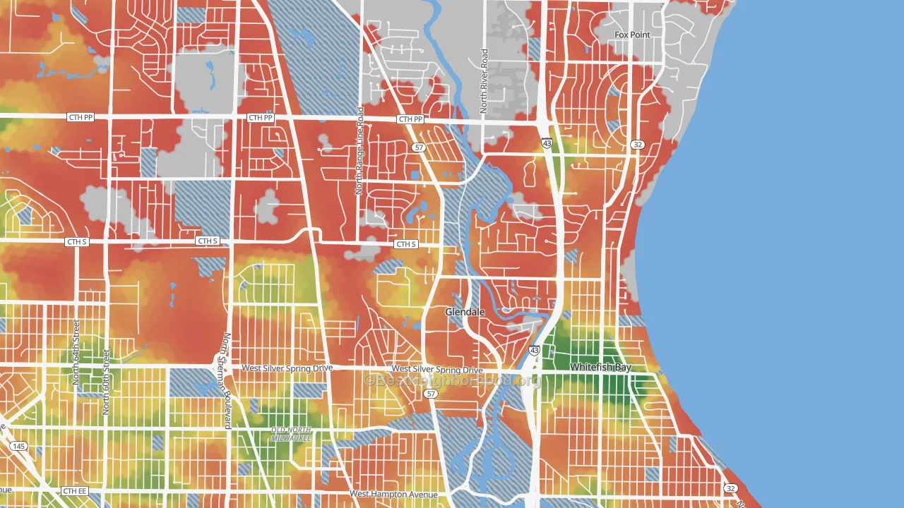 Walk Grade map of Glendale, WI, walkable areas in green and car-dependent areas in red