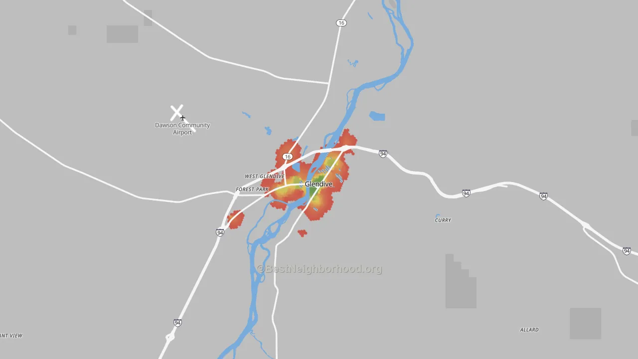 Walk Grade map of Glendive, MT, walkable areas in green and car-dependent areas in red