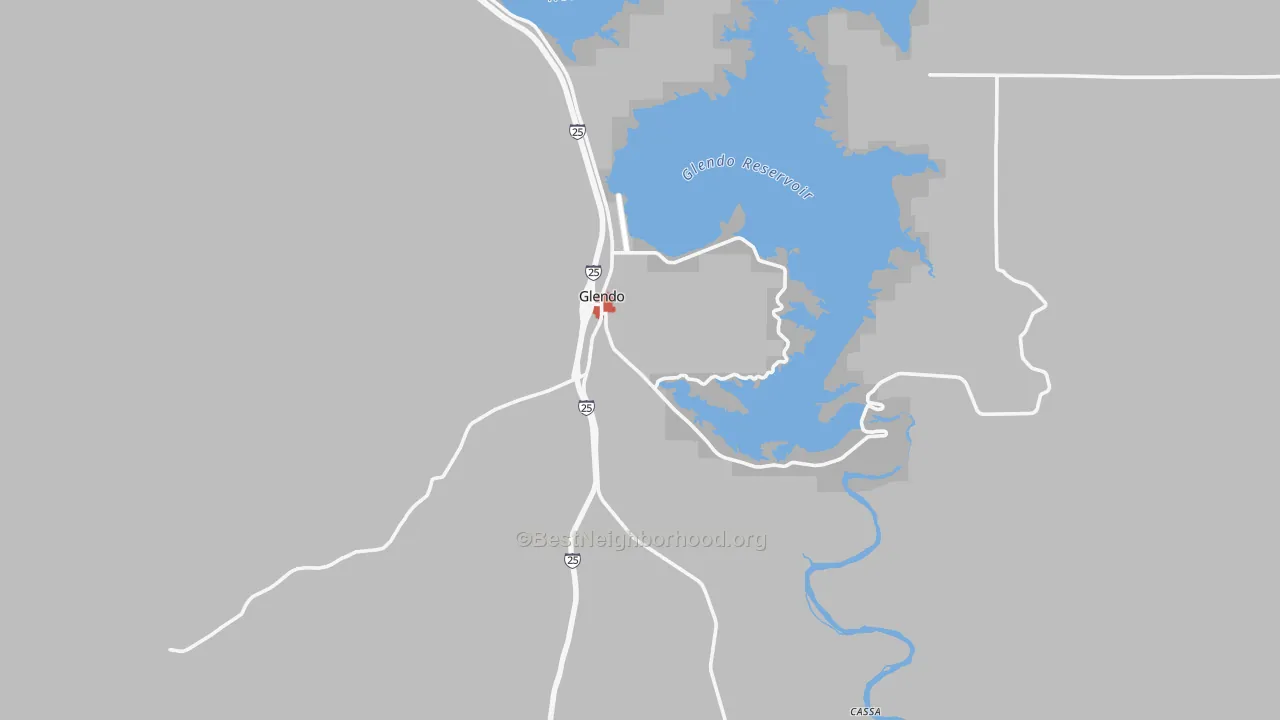 Walk Grade map of Glendo, WY, walkable areas in green and car-dependent areas in red