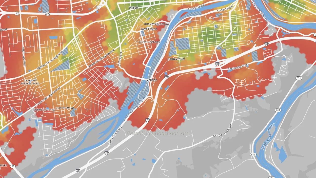 Walk Grade map of Glendon, PA, walkable areas in green and car-dependent areas in red