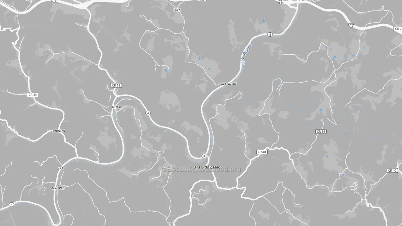 Walk Grade map of Glendon, WV, walkable areas in green and car-dependent areas in red
