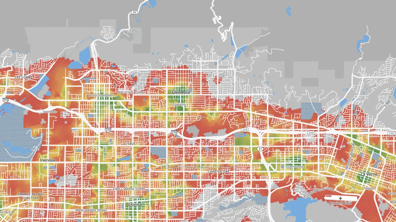 Walk Grade map of Glendora, CA, walkable areas in green and car-dependent areas in red