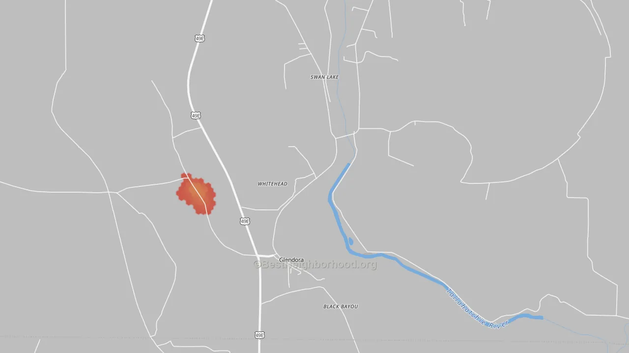 Walk Grade map of Glendora, MS, walkable areas in green and car-dependent areas in red