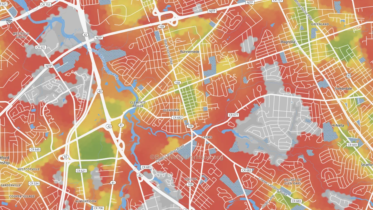 Walk Grade map of Glendora, NJ, walkable areas in green and car-dependent areas in red