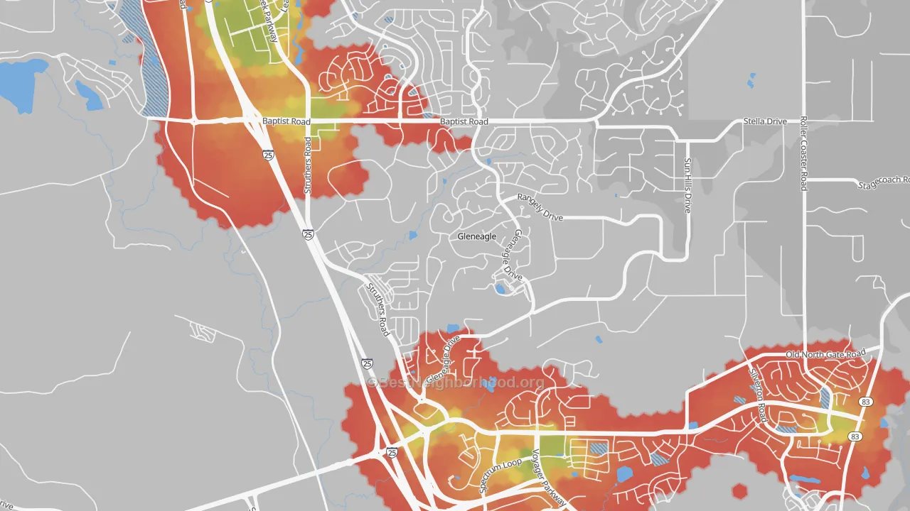 Walk Grade map of Gleneagle, CO, walkable areas in green and car-dependent areas in red