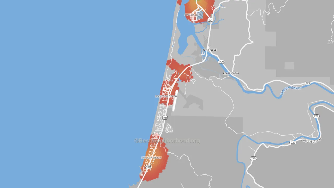 Walk Grade map of Gleneden Beach, OR, walkable areas in green and car-dependent areas in red