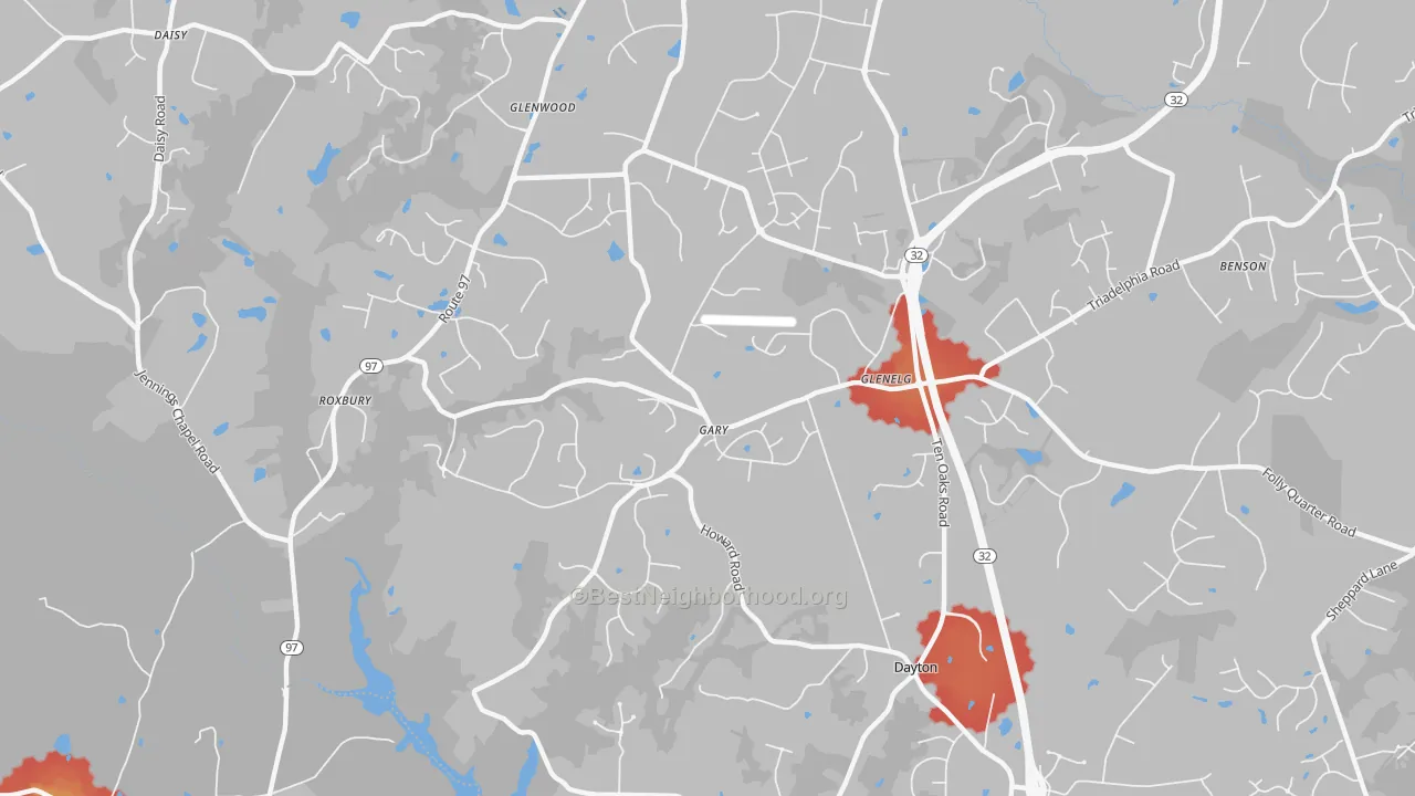 Walk Grade map of Glenelg, MD, walkable areas in green and car-dependent areas in red