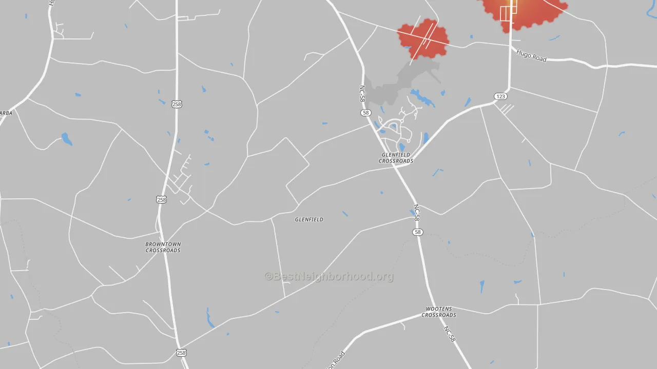 Walk Grade map of Glenfield, NC, walkable areas in green and car-dependent areas in red