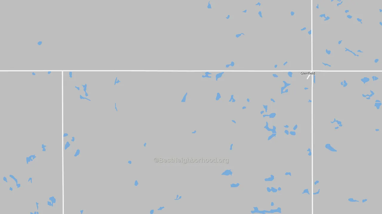 Walk Grade map of Glenfield, ND, walkable areas in green and car-dependent areas in red