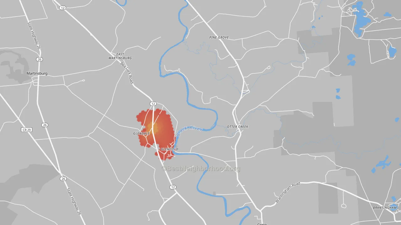 Walk Grade map of Glenfield, NY, walkable areas in green and car-dependent areas in red