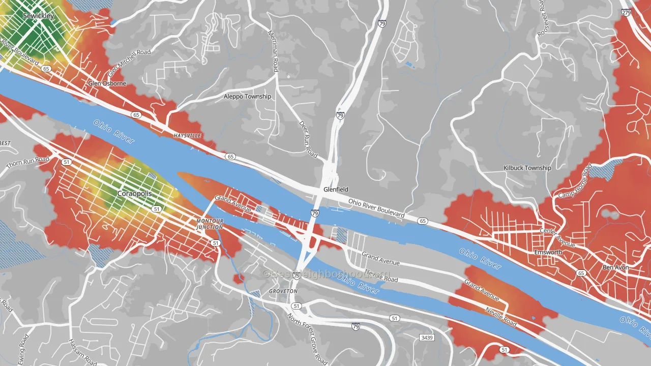 Walk Grade map of Glenfield, PA, walkable areas in green and car-dependent areas in red