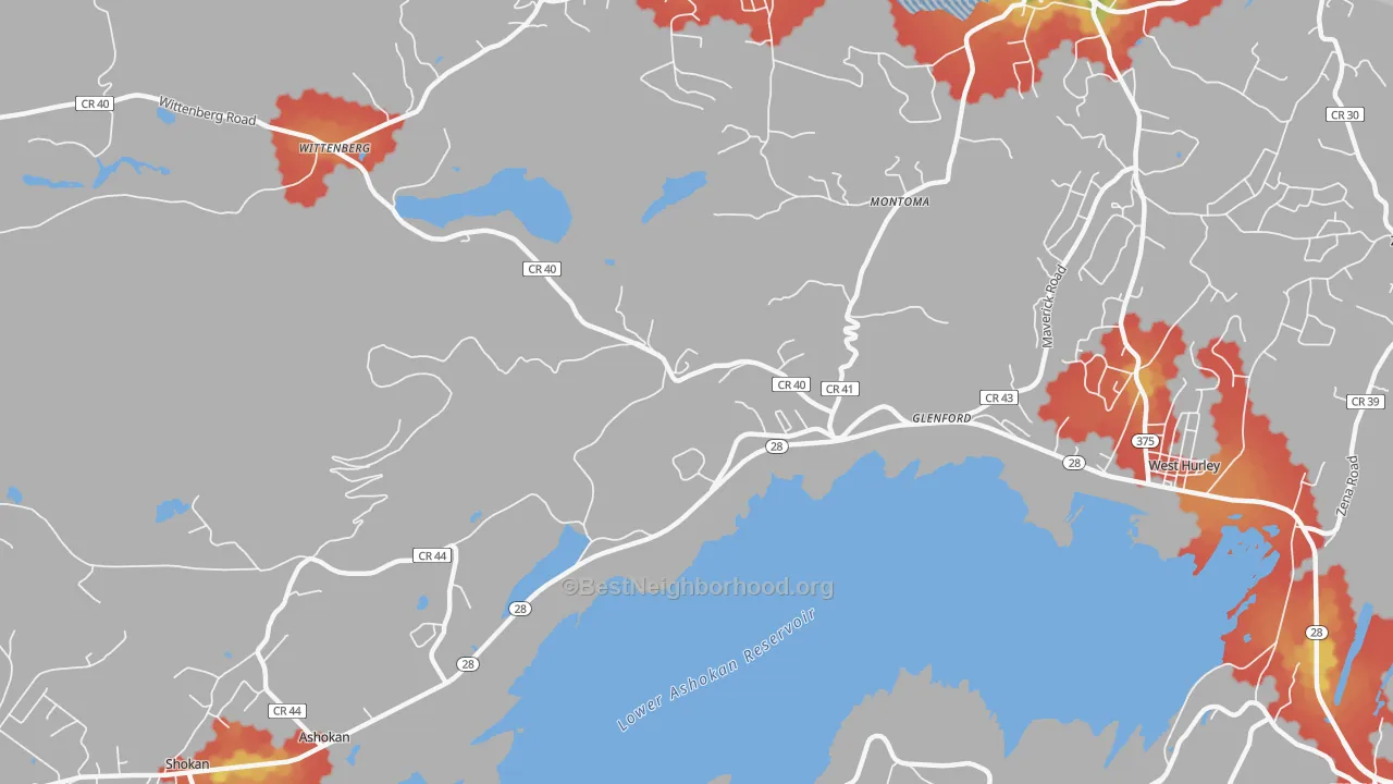 Walk Grade map of Glenford, NY, walkable areas in green and car-dependent areas in red