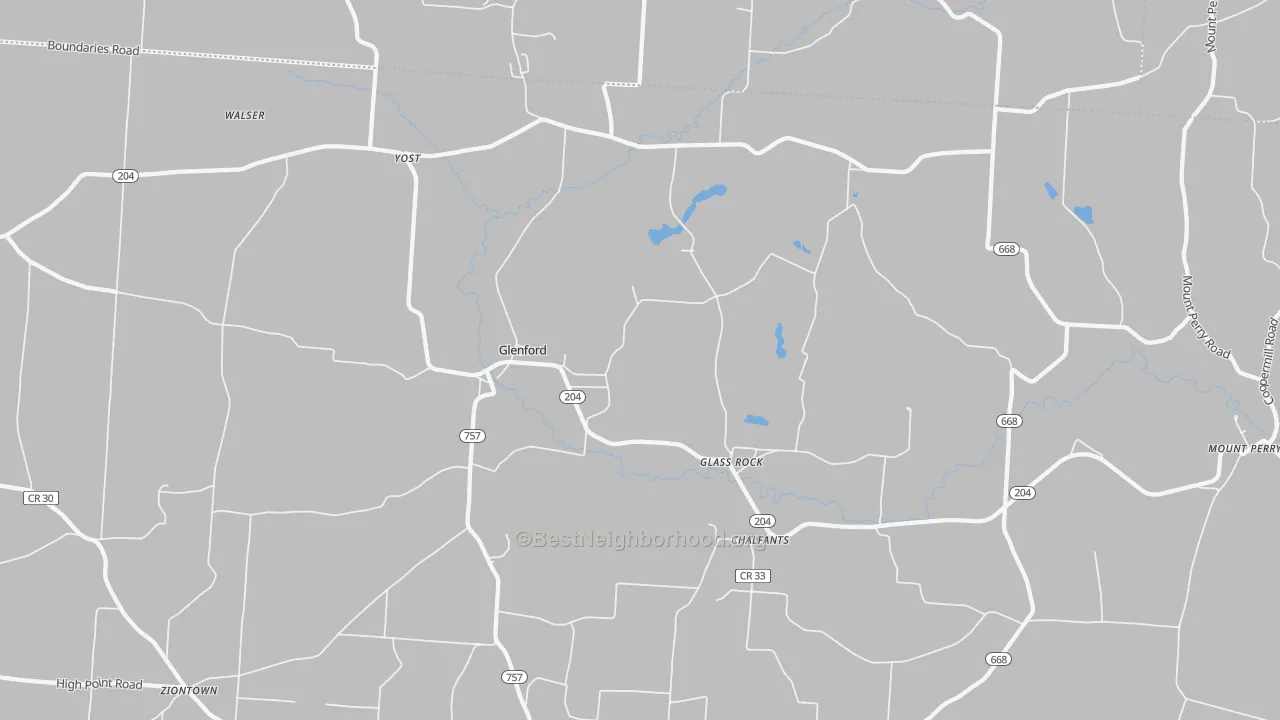 Walk Grade map of Glenford, OH, walkable areas in green and car-dependent areas in red