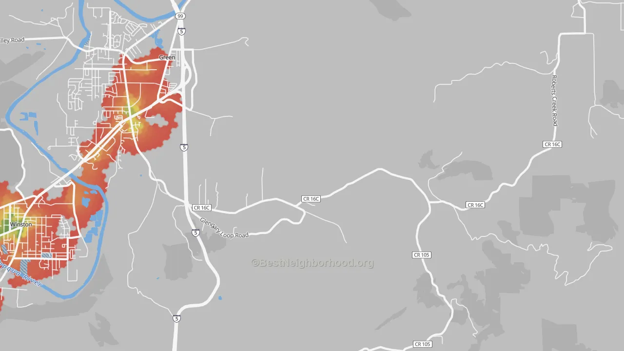 Walk Grade map of Glengary, OR, walkable areas in green and car-dependent areas in red