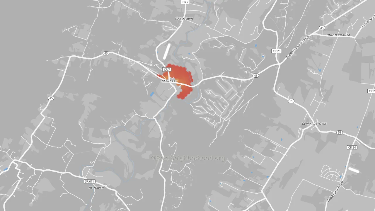 Walk Grade map of Glengary, WV, walkable areas in green and car-dependent areas in red