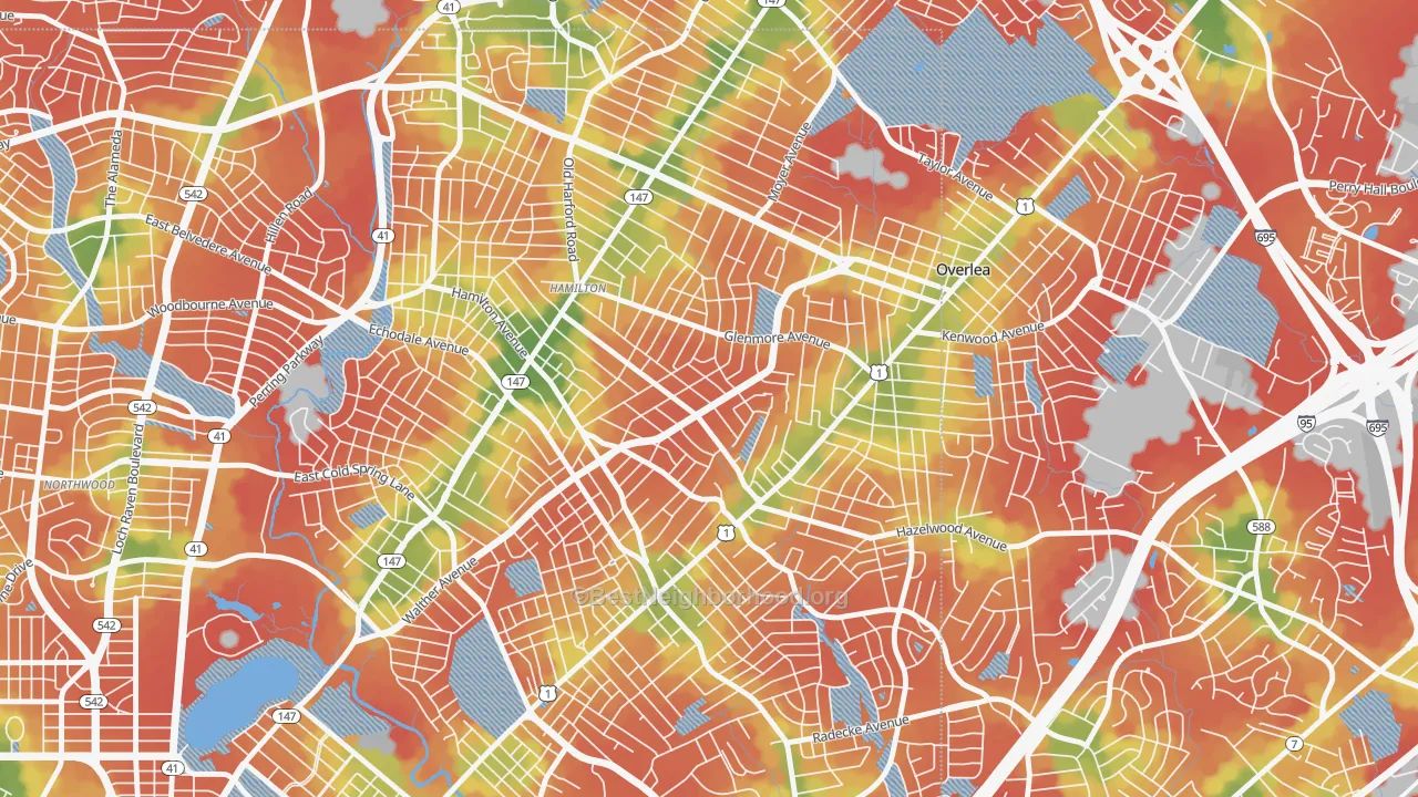 Walk Grade map of Glenham-Belhar, Baltimore, MD, walkable areas in green and car-dependent areas in red