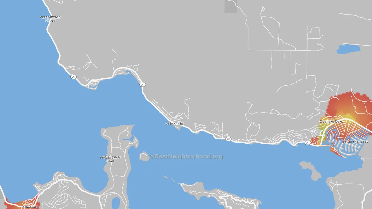 Walk Grade map of Glenhaven, CA, walkable areas in green and car-dependent areas in red