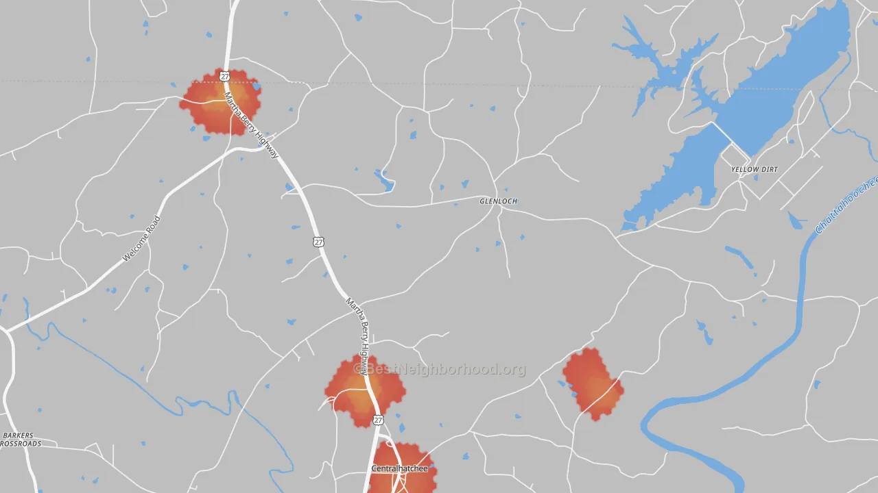 Walk Grade map of Glenloch, GA, walkable areas in green and car-dependent areas in red
