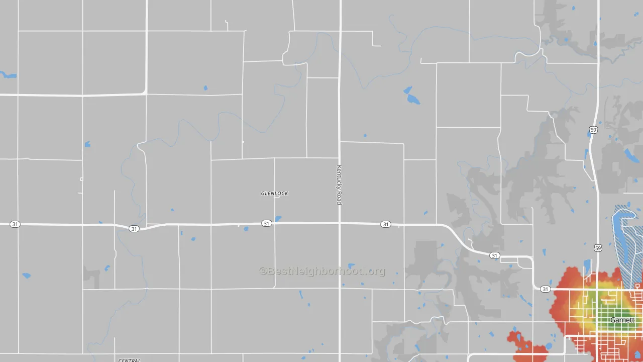 Walk Grade map of Glenlock, KS, walkable areas in green and car-dependent areas in red
