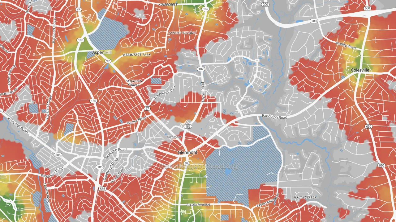 Walk Grade map of Glenmont, MD, walkable areas in green and car-dependent areas in red