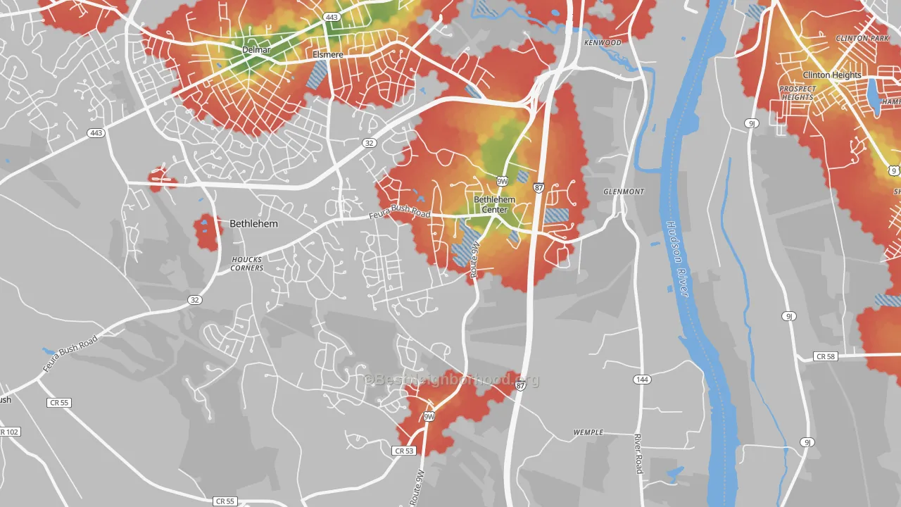 Walk Grade map of Glenmont, NY, walkable areas in green and car-dependent areas in red