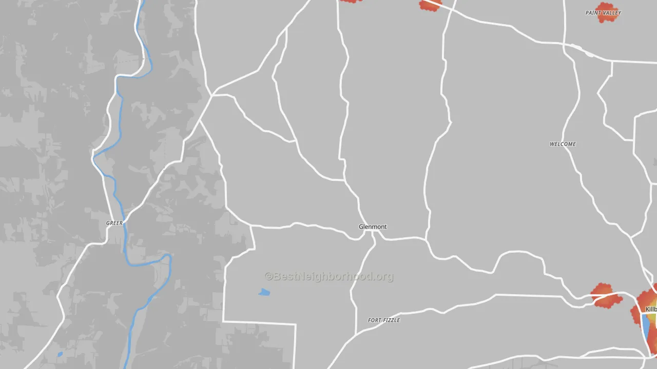 Walk Grade map of Glenmont, OH, walkable areas in green and car-dependent areas in red