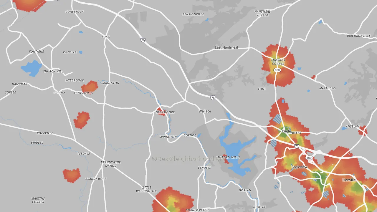 Walk Grade map of Glenmoore, PA, walkable areas in green and car-dependent areas in red