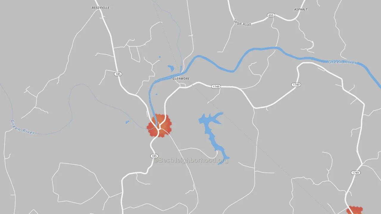 Walk Grade map of Glenmore, KY, walkable areas in green and car-dependent areas in red