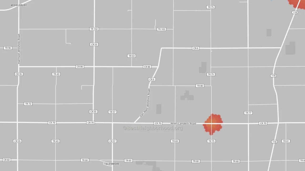Walk Grade map of Glenmore, OH, walkable areas in green and car-dependent areas in red