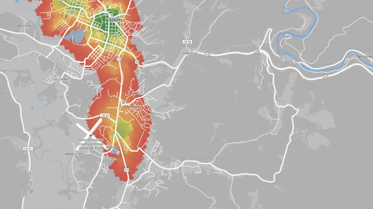 Walk Grade map of Glenmore, WV, walkable areas in green and car-dependent areas in red