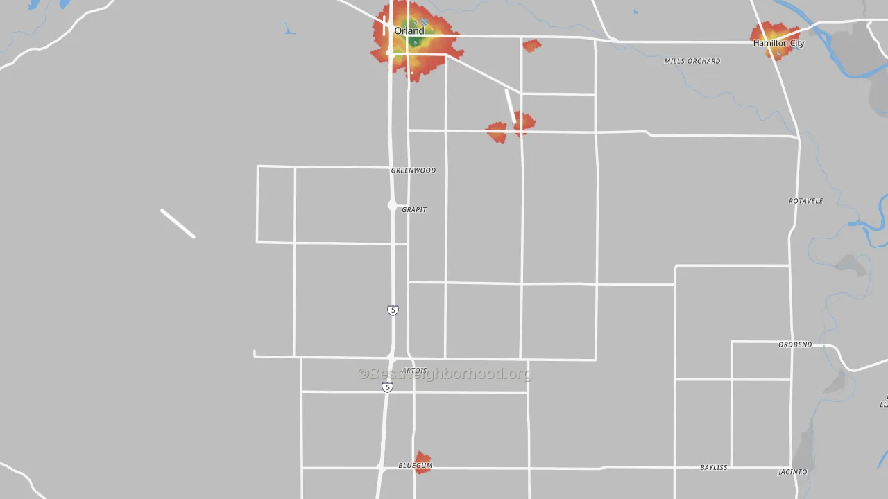 Walk Grade map of Glenn County, CA, walkable areas in green and car-dependent areas in red