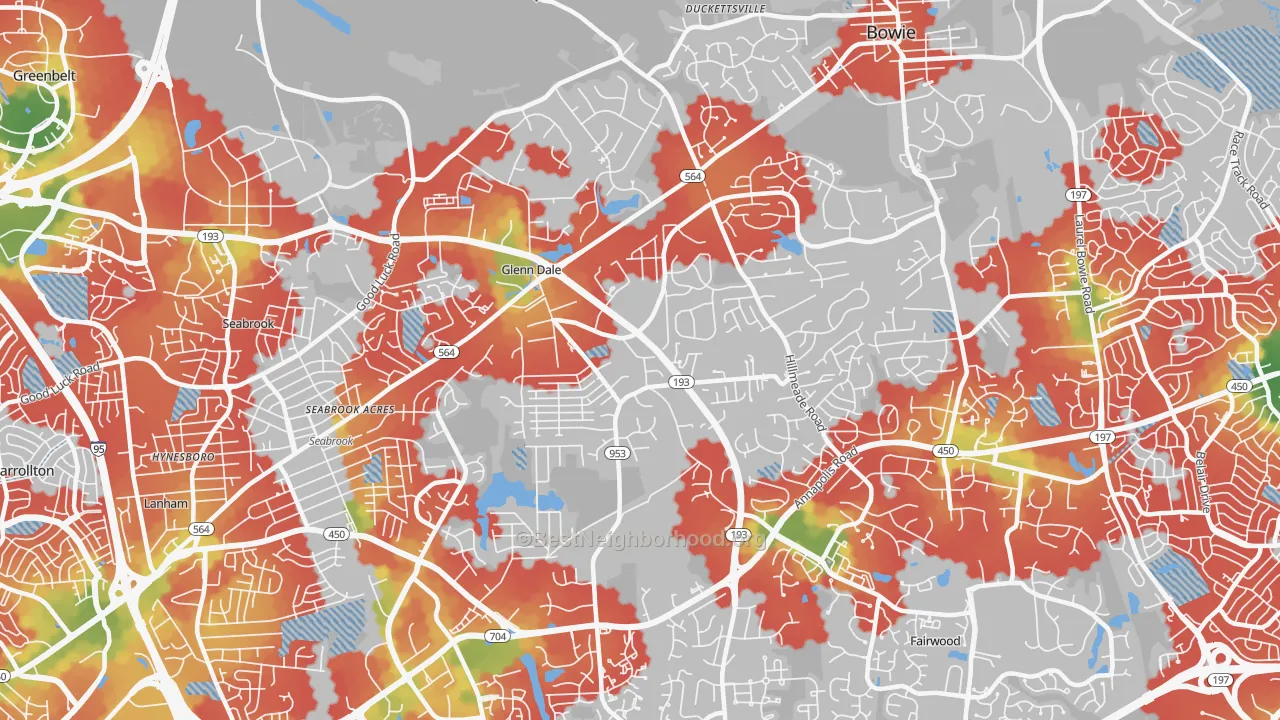 Walk Grade map of Glenn Dale, MD, walkable areas in green and car-dependent areas in red