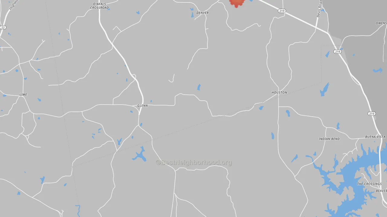 Walk Grade map of Glenn, GA, walkable areas in green and car-dependent areas in red