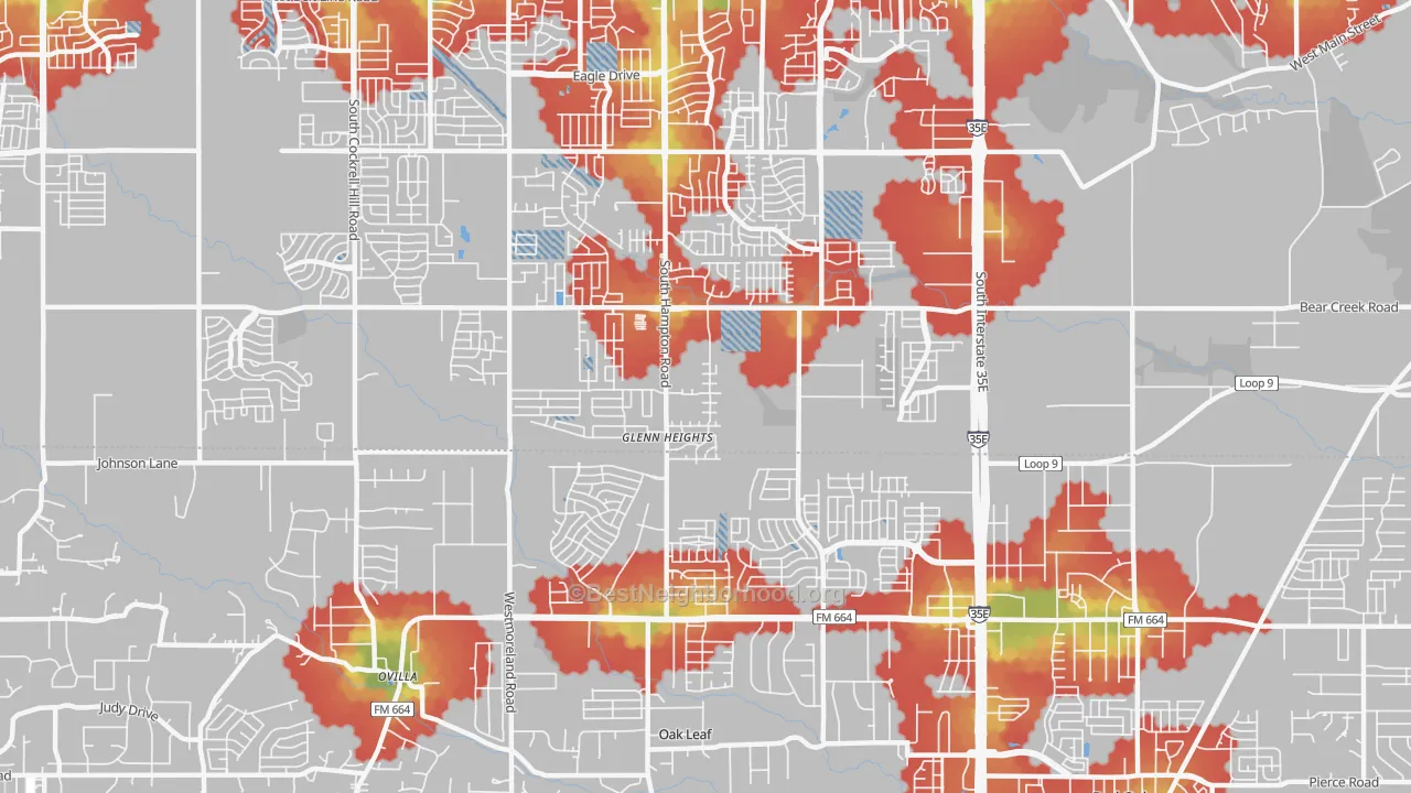 Walk Grade map of Glenn Heights, TX, walkable areas in green and car-dependent areas in red
