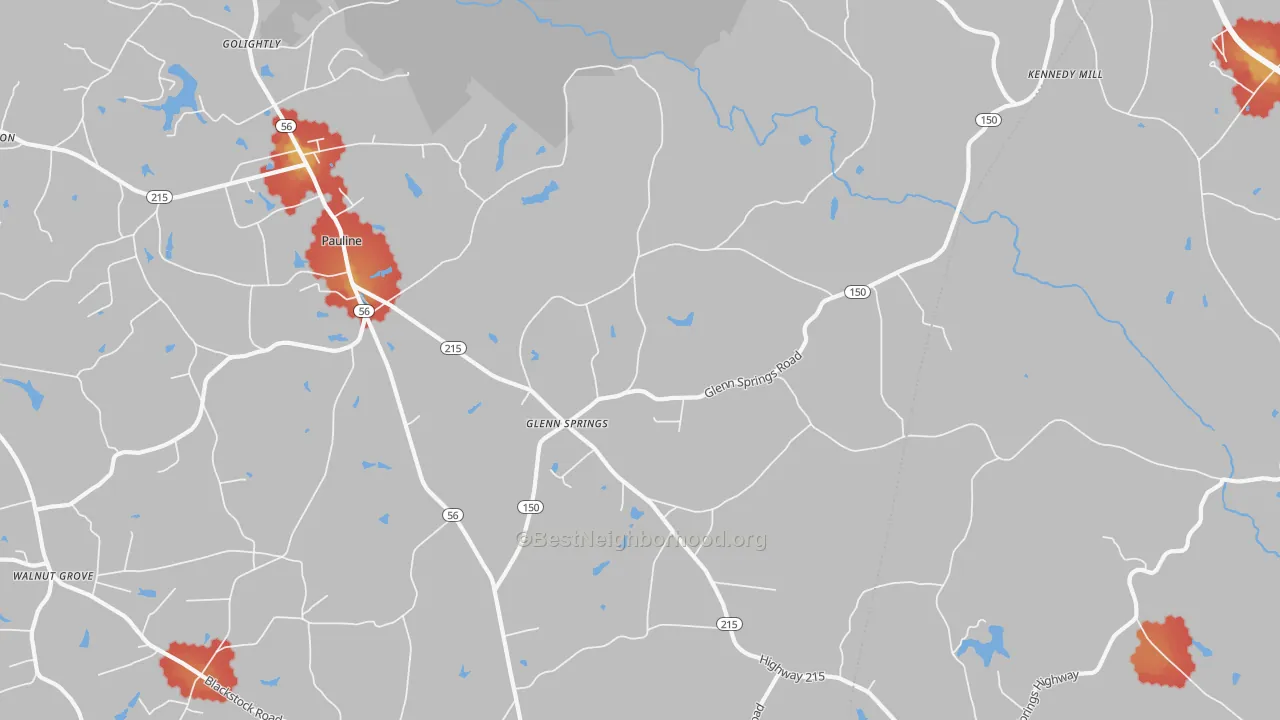 Walk Grade map of Glenn Springs, SC, walkable areas in green and car-dependent areas in red