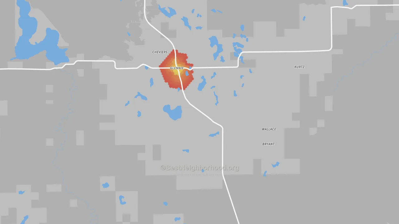 Walk Grade map of Glennie, MI, walkable areas in green and car-dependent areas in red