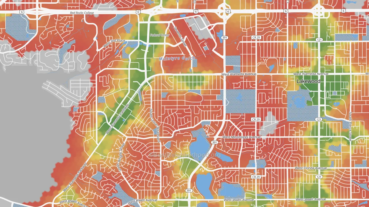 Walk Grade map of Glennon Heights, Lakewood, CO, walkable areas in green and car-dependent areas in red