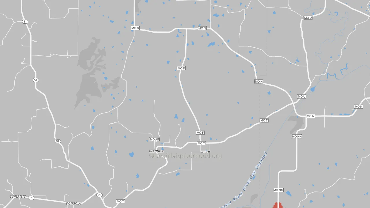 Walk Grade map of Glennon, MO, walkable areas in green and car-dependent areas in red