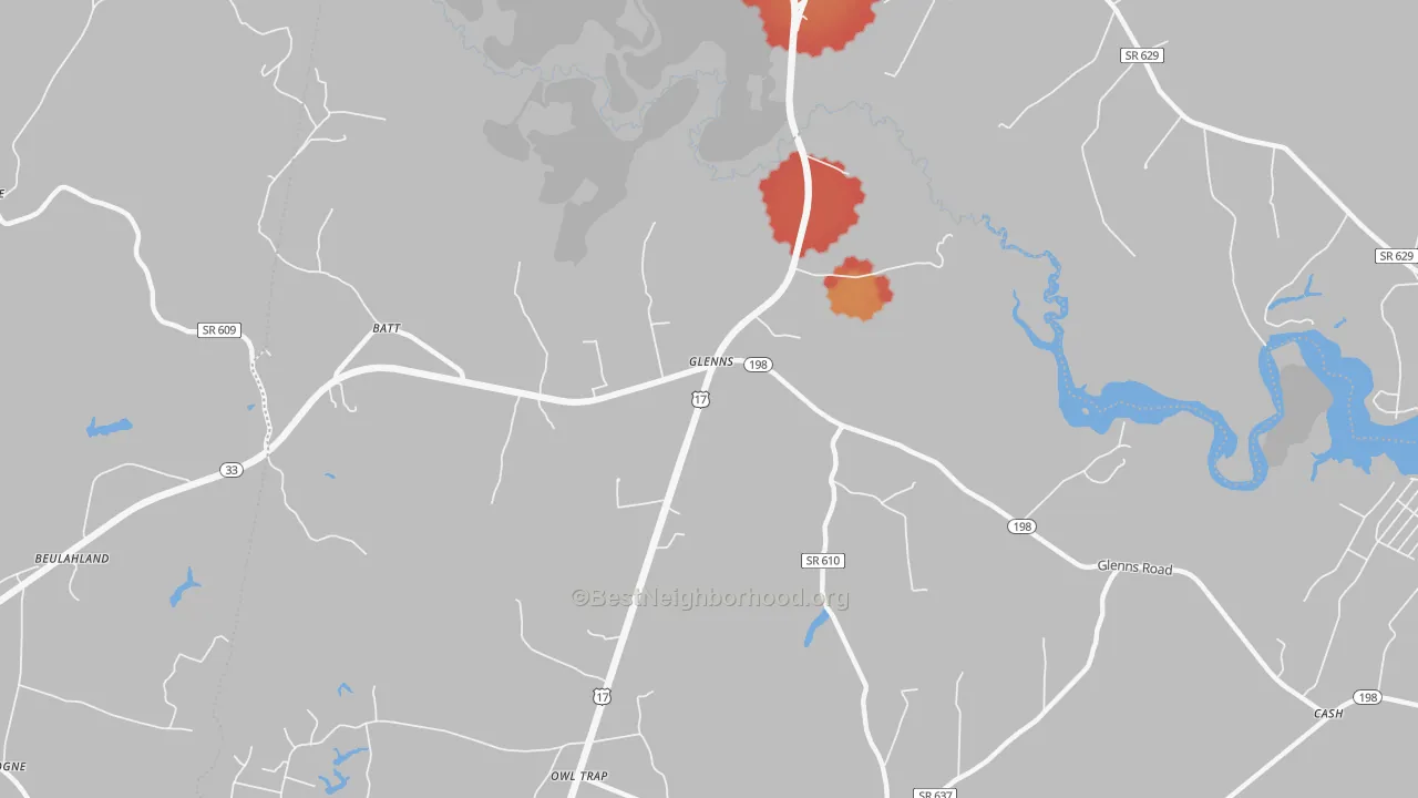 Walk Grade map of Glenns, VA, walkable areas in green and car-dependent areas in red