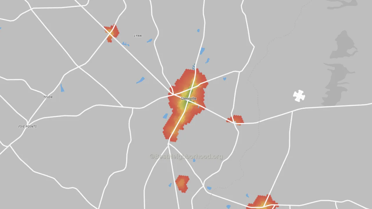 Walk Grade map of Glennville, GA, walkable areas in green and car-dependent areas in red