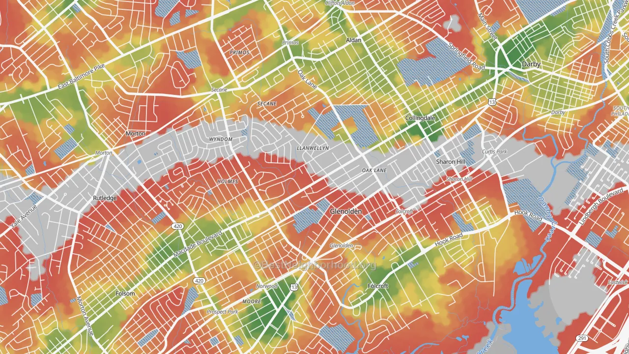 Walk Grade map of Glenolden, PA, walkable areas in green and car-dependent areas in red