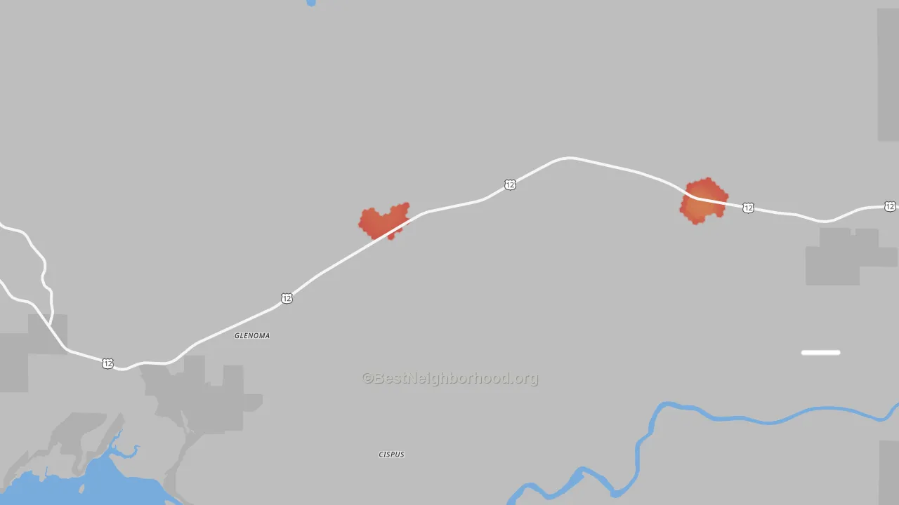 Walk Grade map of Glenoma, WA, walkable areas in green and car-dependent areas in red
